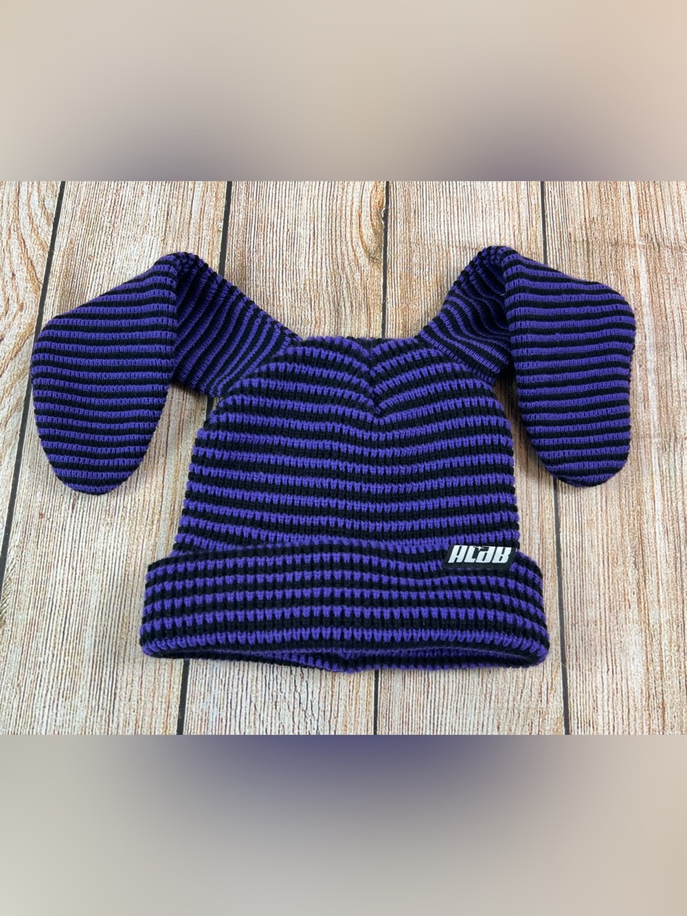 A.LAB Black & Purple Stripe Bunny Beanie Winter Ski Cap Alab